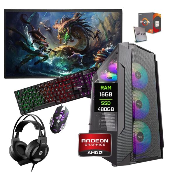 PC Gamer Completo AMD Ryzen 5 5500, 16GB DDR4, SSD 480GB + Monitor + Kit Periféricos